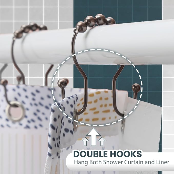 Shower Curtain Hooks, OEH Shower Curtain Rings, Bronze Shower Curtain Hooks Rust Proof, Smooth Gliding Metal Shower Curtain Rings Rust Proof, Double Shower Hooks for Shower Curtain, 12 Pcs, Bronze