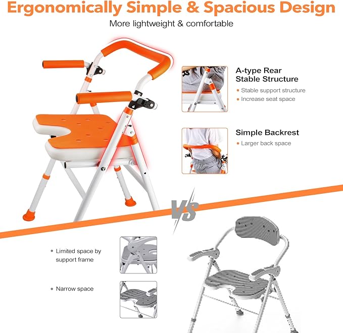 Foldable Shower Chair, Folding Bath Shower Seat for Inside Shower | Minimalist Shower Chair with Arms and Back, Height Adjustable, Portable Safety Bath Chairs for Elderly, Seniors, Disabled