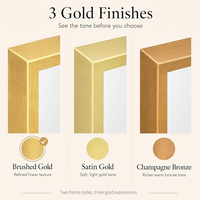 48"x30" Brushed Gold Large Framed Bathroom Vanity Wall Mirror | Large Vanity Wall Mirror, Slim Metal Frame, Dresser or Sideboard Use, Vertical/Horizontal Mount, Tempered Glass