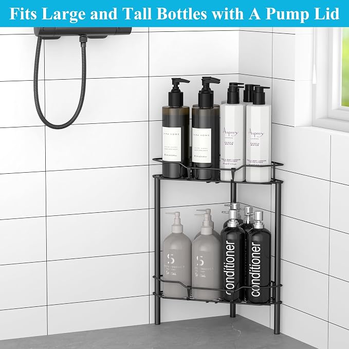 Metal Floor Standing Corner Shower Caddy, Matt Black, 2 Tier | Adhesive Bathroom Organizer Shelves, Free Standing Shower Rack with Hooks, Hold Large Shampoo Bottles