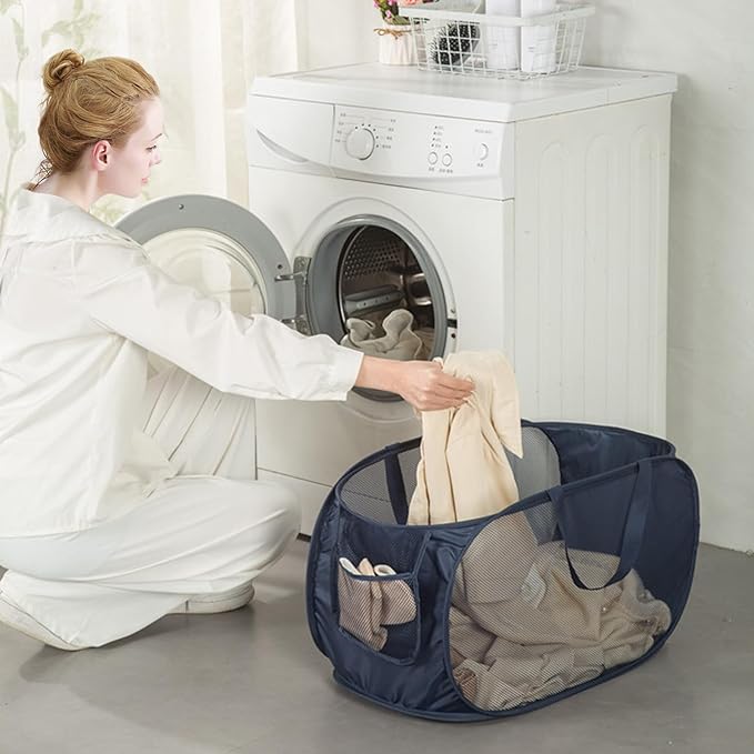 Sturdy Mesh Laundry Hamper Basket Bag,collapsible Pop up for Laundry Room | Folding Foldable Baskets with Side Pocket Travel Clothes Organizer for Bathroom,Kids Room,College Dorm (Horizontal,White)