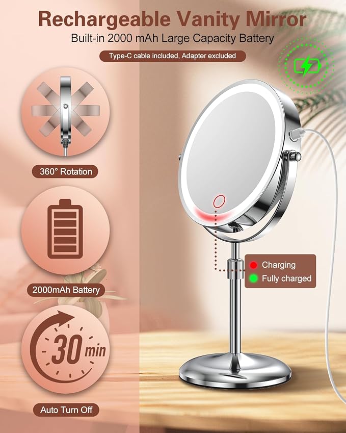 7" Lighted Makeup Mirror with Magnification 10X, Height Adjustable,3 Lights | 1X/10X Magnifying Mirror with Light, Stepless Dimming, 360° Swivel, Rechargeable Vanity Mirror for Desk, LED Standing Mirrors