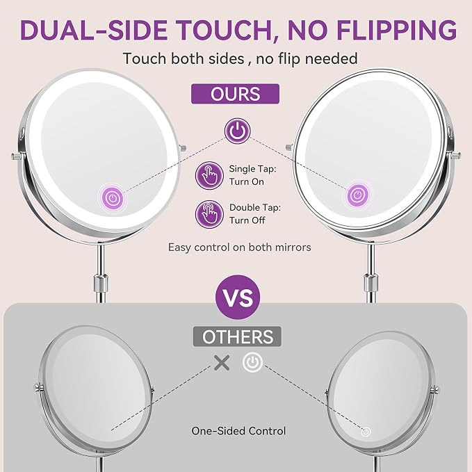 Auxmir 9" 5000mAh Magnifying Mirror, 1X/30X Lighted Makeup Mirror | rechargeable battery, 3 dimmable colors, 14.9-18.5" adjustable height, 360° rotation, stable base, 30X magnification