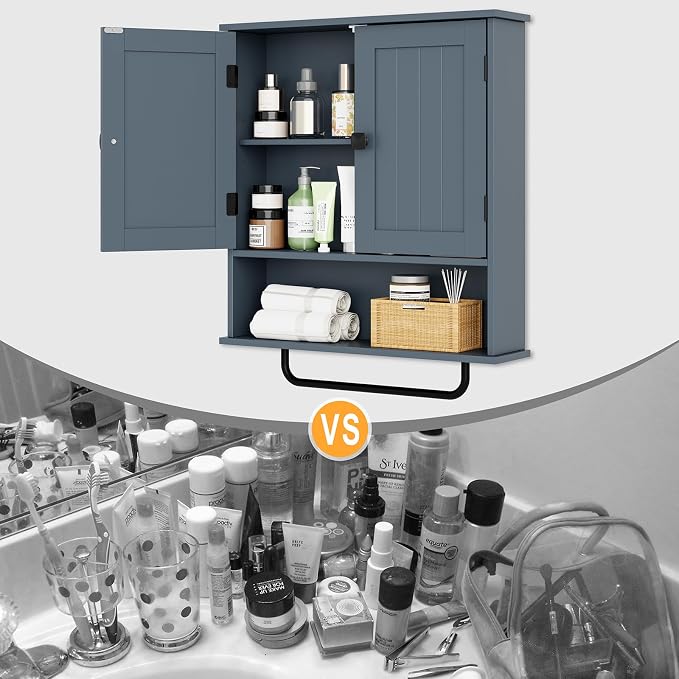 RRX Bathroom Cabinet Wall Mounted Medicine Cabinets with Towels Bar, Over The Toilet Storage Cabinet with 2 Doors and Adjustable Shelf, White Wall Cabinet for Bathroom Laundry Kitchen,Gray
