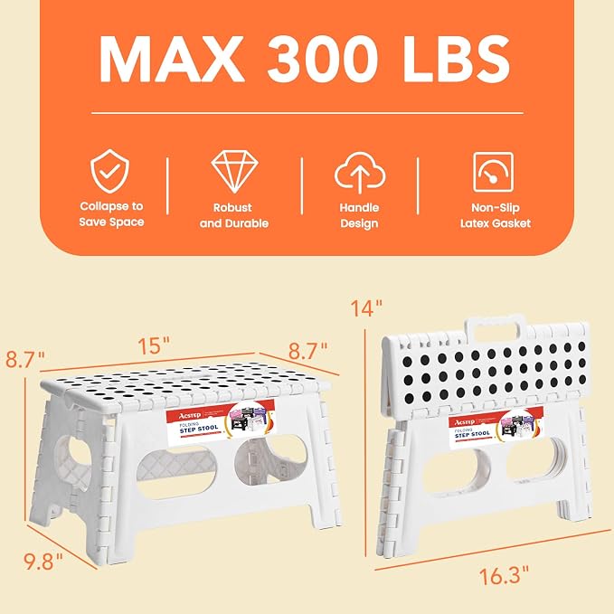 9 Inch Folding Step Stool, 15 Inch Extra-Wide, 300 lbs, White | Non-Slip Heavy Duty Foldable Step Stool for Kids and Adults, Extra-Wide for Comfort and Stability, for Bathroom and Kitchen