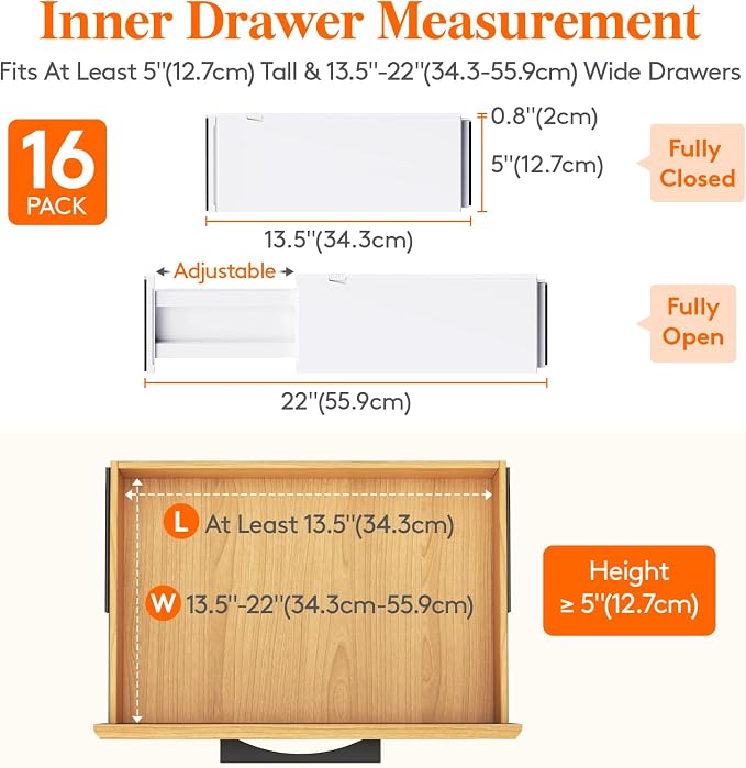 Lifewit 5" Tall Upgrade Drawer Dividers, Adjustable Deep Drawer Organizer | 16 Pack 13.5"-22" Expandable White Drawer Separator for Clothes, Dresser/Kitchen/Closet/Bedroom/Office Organization & Storage