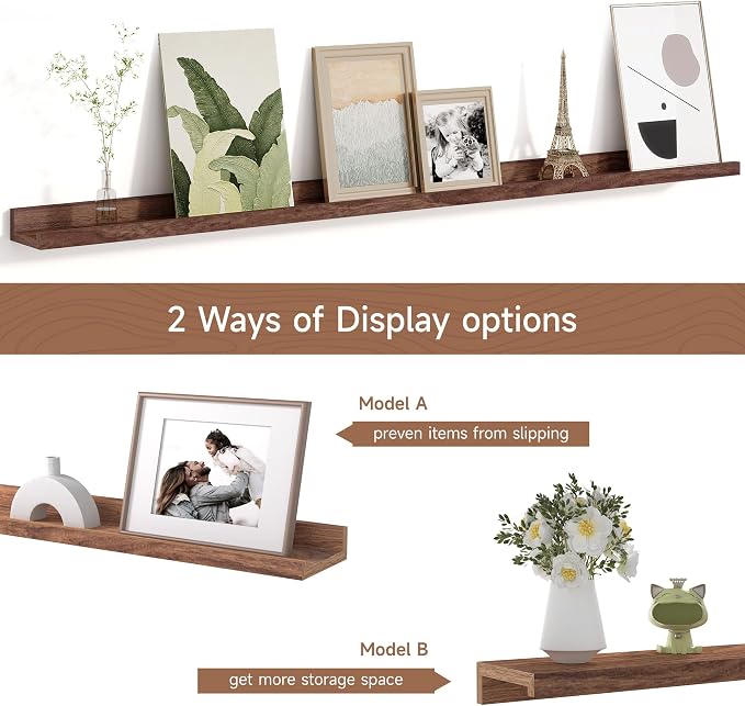 Fun Memories Picture Ledge Shelf for Wall, Floating Shelves Set of 4, 48 Inch Long Nursery Book Shelves for Toys Storage, Kids Bookshelf Wall Mounted for Books Photo Frames, Walnut