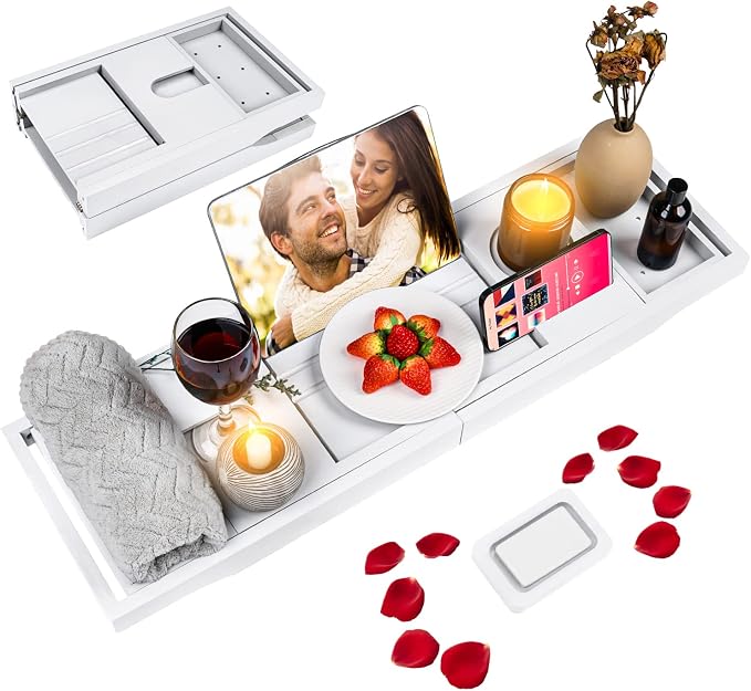 Foldable Bathtub Tray Caddy with Soap Dish Adjustable 29.5-43''White | Bamboo Bath Table Trays with Non-slip Pads, Wine Glass Holder, Adjustable Tablet Book Stand, Spa Bath Essentials Organizer