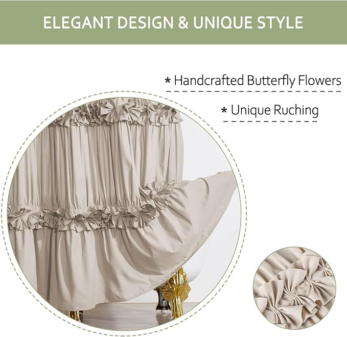 Camel Ruffle Stall Shower Curtain, Vintage Handcrafted Bow Tie Bath Curtain for Master Bathroom, Ruched Microfiber Bathroom Curtain with 8 Buttonholes, 48" W x 72" H (LQ-10)