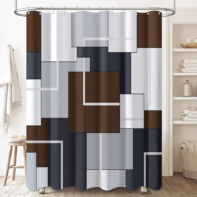 72 x 78 Long Modern Geometric Waterproof Fabric Shower Curtain, Brown | Tall Size, Premium Polyester, Weighted Hem, 12 Plastic Hook, Vibrant Color, Wrinkle-resistant, Quick-Dry, Machine Washable