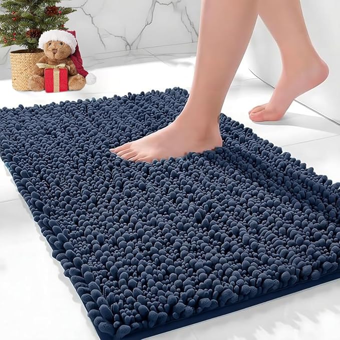 Bathroom Rugs Non Slip Washable 36x24, Extra Thick Soft Chenille Absorbent Bath Mat, High Density Barrier Non Slip Backing, Quick Dry Plush Shaggy Floor Carpet for Tub&Shower, Blue