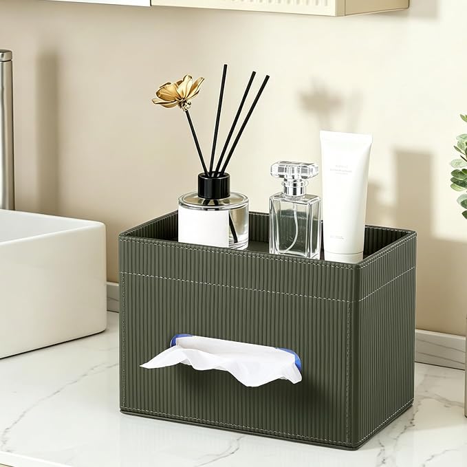 Rectangular Tissue Box Cover PU Leather Tissue Box Holder Rectangle | Magnetic Closure, Storage Tray, For All Full-Size Rectangular Tissue Box, For Bathroom NightStands Office Desk Decorative