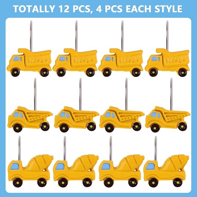 12-Piece Truck Construction Tractor Shower Curtain Hooks for Bathroom | Decorative Shower Curtain Hooks, Stainless Steel Shower Hangers Rings