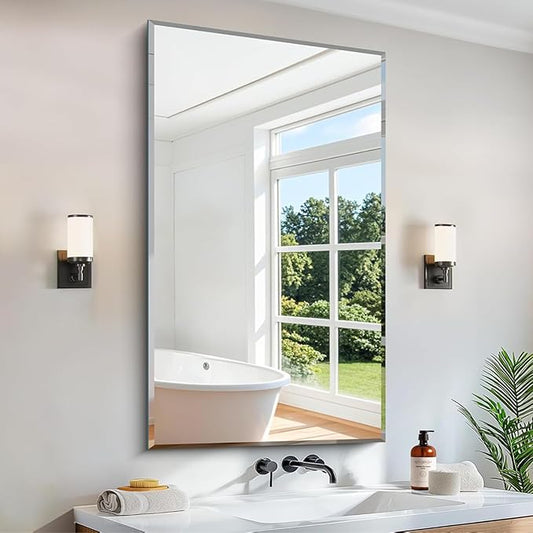 CILIBER Beveled Mirror, 24x40 Frameless Beveled Bathroom Mirrors for Wall, 3mm Tempered Glass Rectangle Vanity Mirror with Beveled Edge, Crystal-Clear, Hangs Horizontally or Vertically