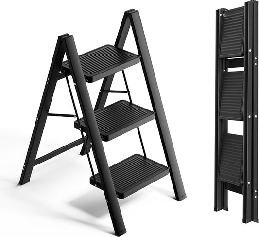 3 Step Ladder, Folding Step Stool, Lightweight Stepladder, Black | Anti-Slip 7.9'' Wide Pedal;Space-Saving;For Kitchen, Home, Library, Office Use;300lbs Capacity