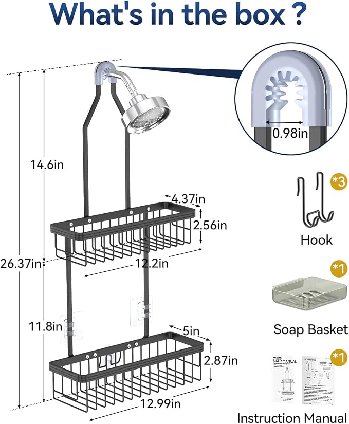 Never Rust Shower Caddy Hanging, Aluminum Shower Racks for Inside Shower, 2-Tier Shower Organizer Hanging Over Shower Head with Hooks and Soap Holder, Black