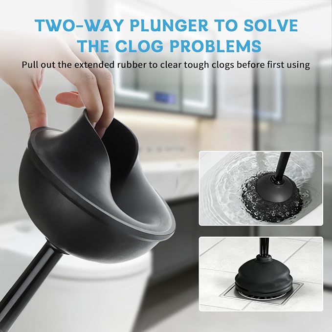 Toilet Brush and Plunger Set, Curved Head for Deep Cleaning, Black | Brush and Plunger set, Curved Nylon Bristles for Deep Clean, Strong Suction Plunger, Ventilated Holder for Quickly Air Dry