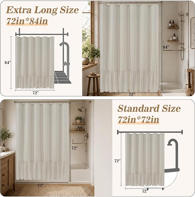 Yinhua Farmhouse Shower Curtain with Ruffle, Grey Striped Linen Shower Curtains Set with 12 Metal Hooks for Bathroom, Country Rustic Vintage Bath Curtain Waterproof Heavy Duty, 72" W x 72" L