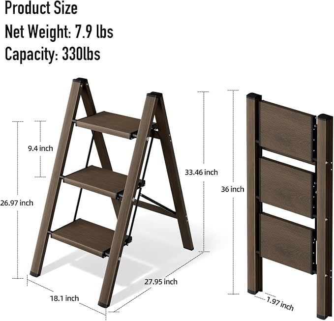 Mayi Plus 3 Step Stool Foldable, Aluminum, Lightweight Step Ladder | Extra-wide anti-slip folding steps with 330 lbs, for home,kitchen,office,outdoor,office,Walnut
