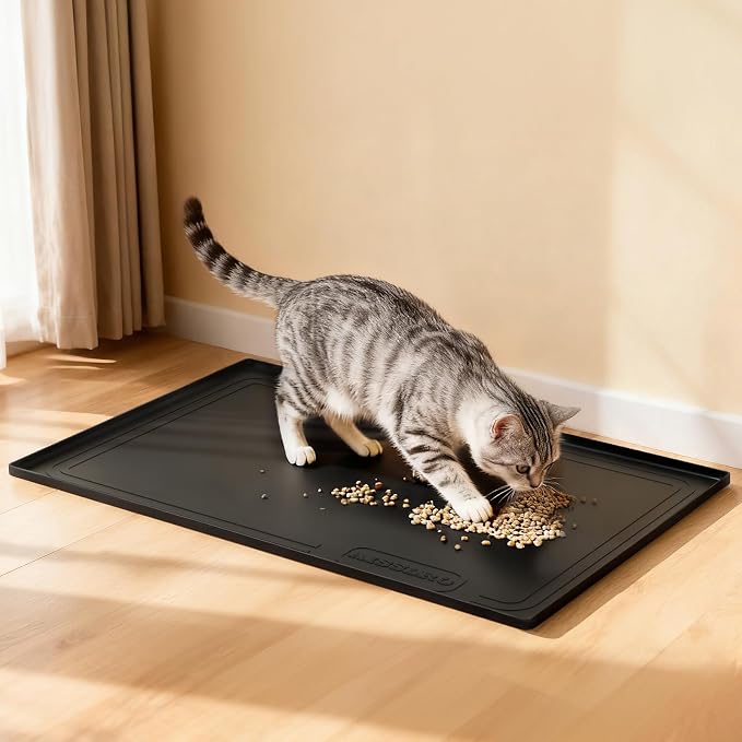 Under Sink Mat 28 X 19, Waterproof Silicone Cabinet Kitchen Liner, Black | BPA-Free Raised-Edge Cabinet Protector & Leak Tray for Bathroom Cabinets, Boots, Pet Feeding Dog & Cat Mats, Dishwasher Safe