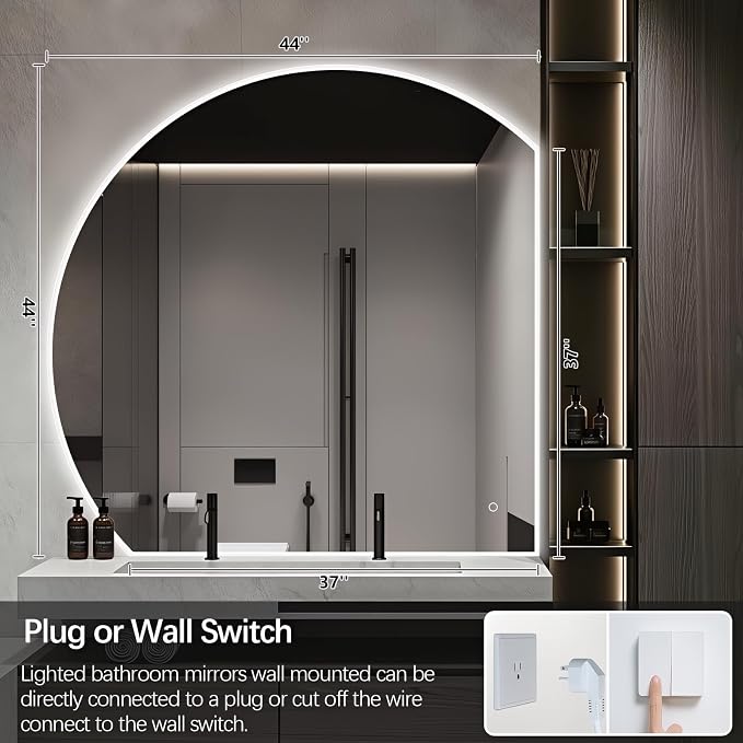Niccy Half Moon LED Mirror for Bathroom, 44" Backlit + Front Lit Lighted Semi Round Makeup Mirrors for Wall, Anti-Fog, Dimmable 3-Colors, Memory Function, Shatterproof Smart Vanity Mirror