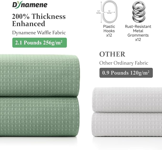 Extra Long Waffle Shower Curtain 256 GSM Fabric 72"x84" Sage Green | 84 Inch Long, Thick Polyester Cloth, Weighted Hem, Water Repellent, Washable, Tall Hotel Bathroom Shower Curtain Set 12 Hooks