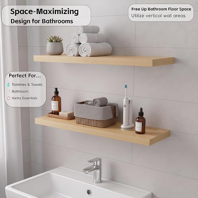 Lufia Floating Wall Shelves, Set of 2, MDF with Invisible Brackets, Modern Storage for Bedroom, Bathroom, Living Room, Kitchen (Natural, 24" W x 7" D x 1.5" H (2 Pieces))