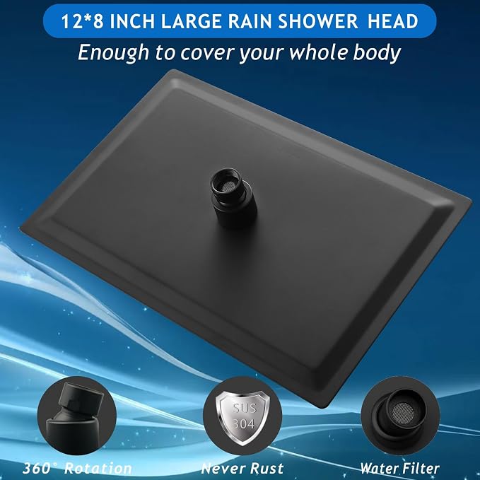 Voolan Rain Shower Head - High Flow Large Rainfall Shower Heads Made of Stainless Steel - Waterfall Bathroom Square Showerhead - Ceiling or Wall Mount (12 * 8 Inch Rectangle, Matte Black)