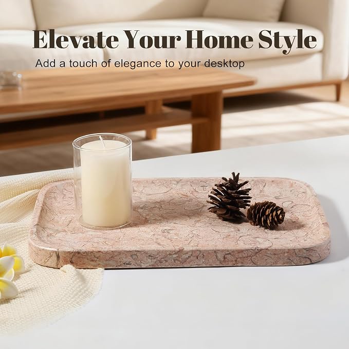 Marble Tray, 12"x8" Natural Marble Vanity Tray for Countertop Bathroom Kitchen Dresser, Decorative Catchall Trays for Perfume Jewelry, Rectangular Stone Serving Tray(Pink)