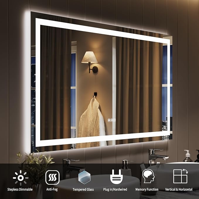 Large LED Bathroom Mirror 60x36 Inch - Frontlit & Backlit Frameless Wall Vanity Mirror with Stepless Dimming, Adjustable Color Temp, Anti-Fog Defogger, Smart Memory & 3X Suction Mirror, Sha