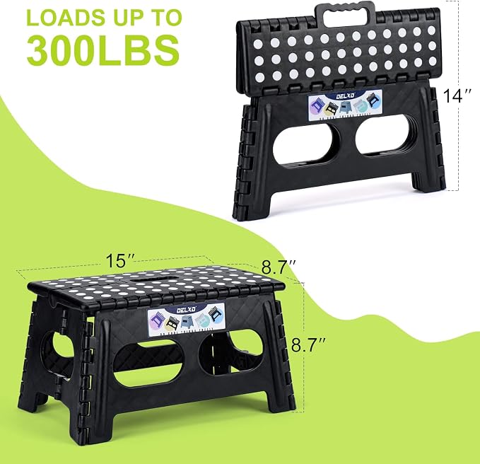Delxo Folding Step Stool 9 inch,300Lbs Extra Wide Step Stool for Kids | Foldable Step Stool,15-Inch Extra Wide Non-Slip Foot Stools with Handle,Lightweight for Kitchen,Bathroom,Bedroom,Garden Black