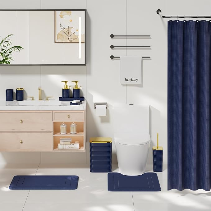 Bathroom Set - 25PC Bathroom Sets with Shower Curtain and Rugs, Blue Bathroom Set, Bathroom Accessory Set, Luxury Bathroom Accessories Set, Trash Can, Toilet Brush, Soap Dish & Soap Dispenser