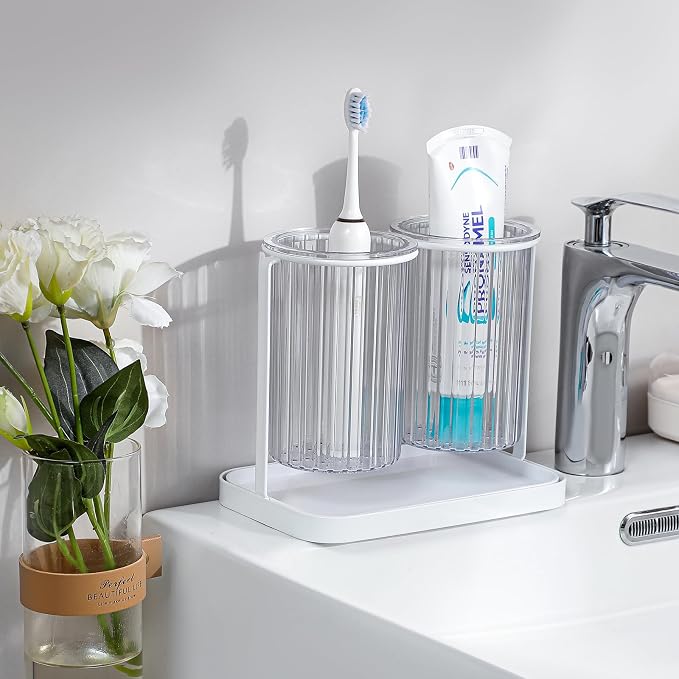 Toothbrush Holders with Drain Tray, 2 Slots Hanging Toothbrush and Toothpaste Holder Organizer Bathroom Caddy Countertop for Toothpaste, Razors, Electric Toothbrush - Clear | Detachable, Easy to Clean, Bathroom Organizer for Electric Toothbrush, Razors