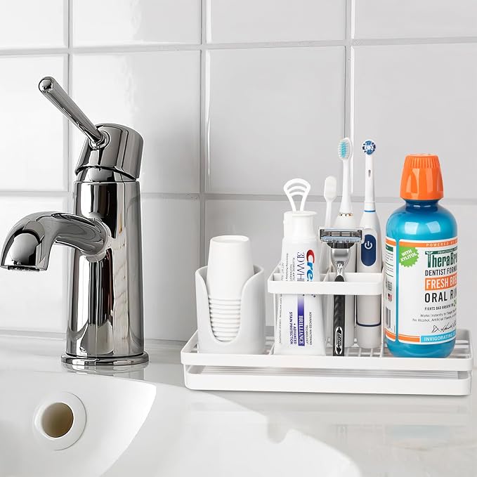 Toothbrush Holders Toothpaste Organizer Bathroom Accessories, White | Carbon Steel, 5 Slots, Removable Drip Tray, Easy to Clean, Electric Toothbrush Storage, for Countertop, Shower, Sink