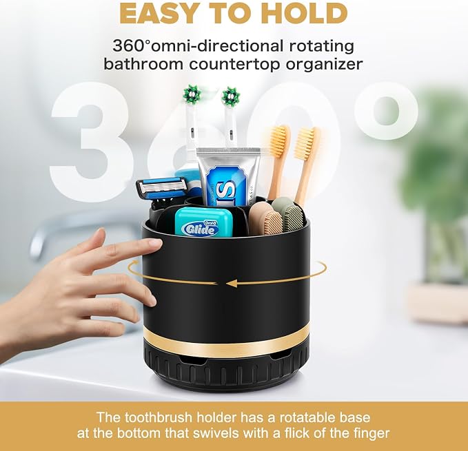 GFWARE Rotating Black Toothbrush Holder for Bathroom Organizer, Drainage | Detachable Matte Black 6 Slots Kids Electric Toothbrush and Toothpaste Holder, Bathroom Countertop Sink Storage Caddy