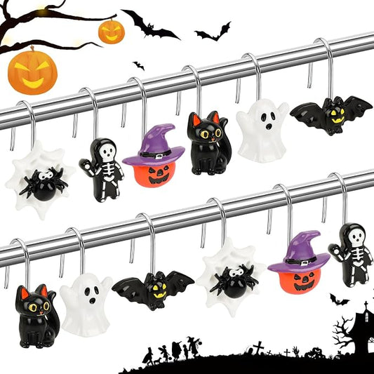 Halloween Shower Curtain Hooks 12 Pcs Ghost Pumpkin Decor Set | Resin Metal Standard Size, Smooth Gliding Rustproof, Bat Skull Spider Cat Designs, Bathroom Festive Home Accents