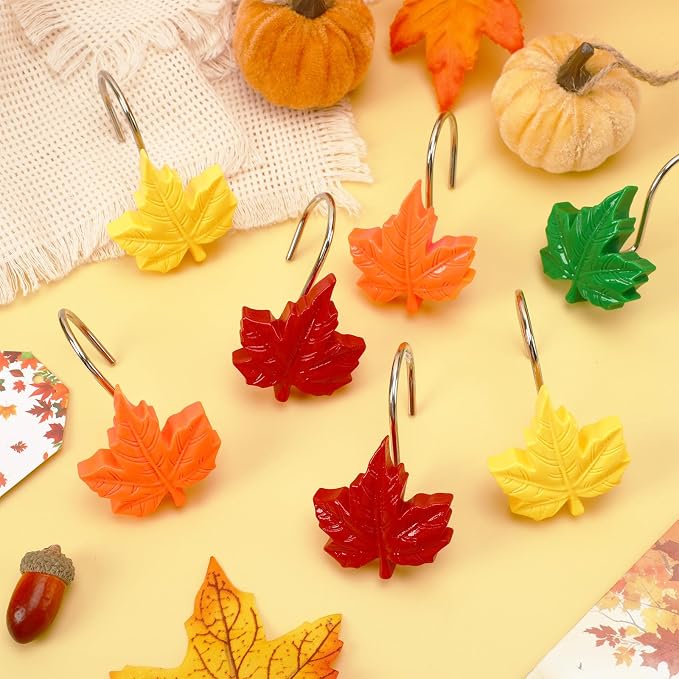 Fall Shower Curtain Hooks 12 Pcs Decorative Maple Leaf Rings Halloween | Resin Metal Standard Size, Smooth Gliding Rust Proof, Autumn Theme 12 Pack, Bathroom Thanksgiving Halloween Decor