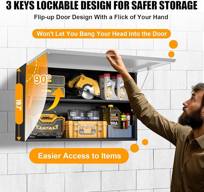 Garage Wall Cabinet, Metal Tool Cabinet with Lock&Adjustable Shelf | 20"H Wall Mounted Garage Storage Cabinets with Up-Flip Door, Steel Float Locker for Basement, Workshop, Kitchen, Black-silver
