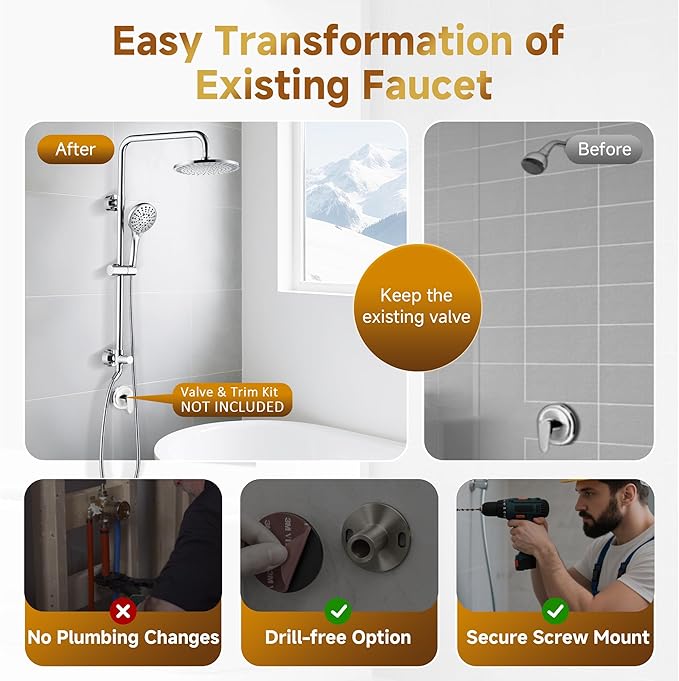 BRIGHT SHOWERS Rain Shower Heads System Including 9 Inch Rainfall Shower Head and Handheld Shower Head with Height Adjustable Holder, Solid Brass Rail and 60" Long Stainless Steel Shower Hose, Chrome