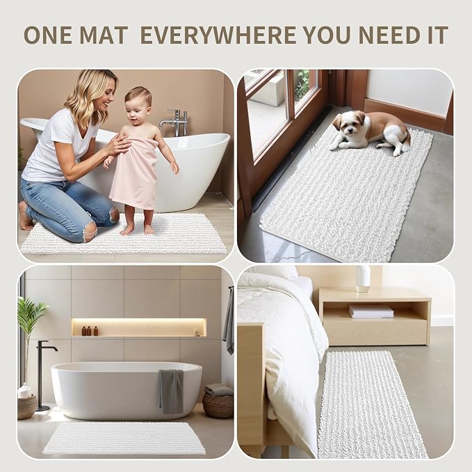 Bathroom Rugs Non Slip Washable 60x24, Extra Thick Soft Chenille Absorbent Bath Mat, High Density Barrier Non Slip Backing, Quick Dry Plush Shaggy Floor Carpet for Tub&Shower, White