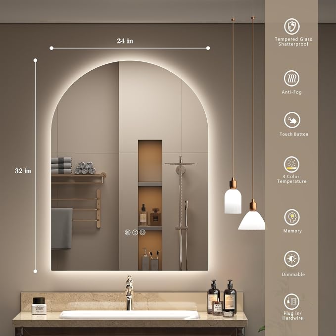 24x32 Inch Arched Backlit LED Bathroom Mirror | Dimmable Lighted Bathroom Vanity Mirror, Anti-Fog, 3 Colors, Memory, Shatter-Proof, ETL Listed