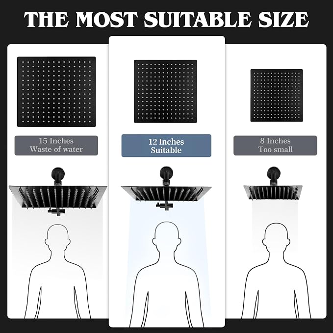12 Inch Shower Head, Rain Shower Head with Adustable Extension Arm, Detachable Matte Black Rina Shower Head with Handheld Spray, High Pressure Shower Hose with Holder in Bathroom(Black)