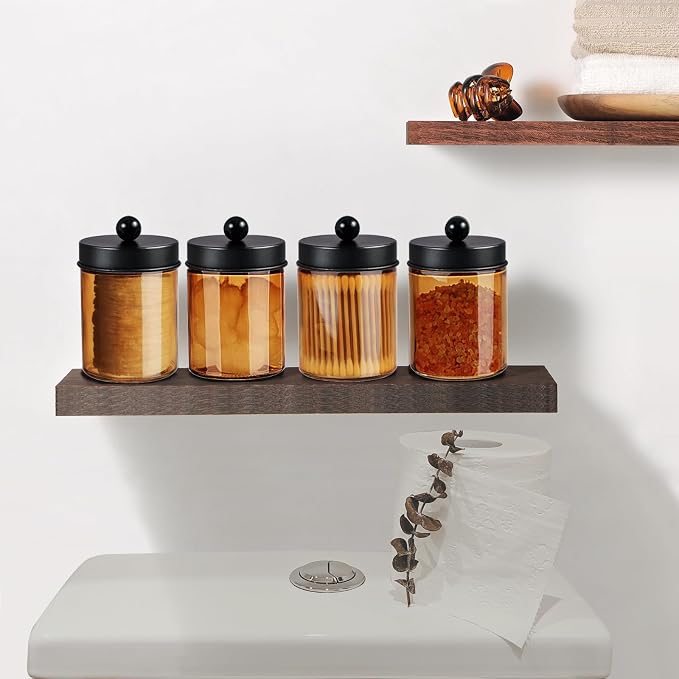Amolliar Bronze Amber Glass Apothecary Jar, Qtip Holder Storage Black 4Pack | Bathroom Canister With Metal Lid, Q tip Dispenser Holder for Cotton Balls, Cotton Swabs, Floss Picks, Vanity Makeup Organizer