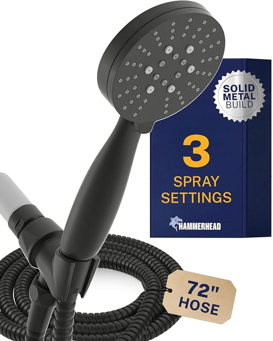HammerHead Showers® Solid Metal 3-Spray Handheld Shower Head with Long Hose and Holder - MATTE BLACK - 2.5 GPM High Pressure Shower Head with Handheld Sprayer - WIDE, MASSAGE, and MIST Sprays