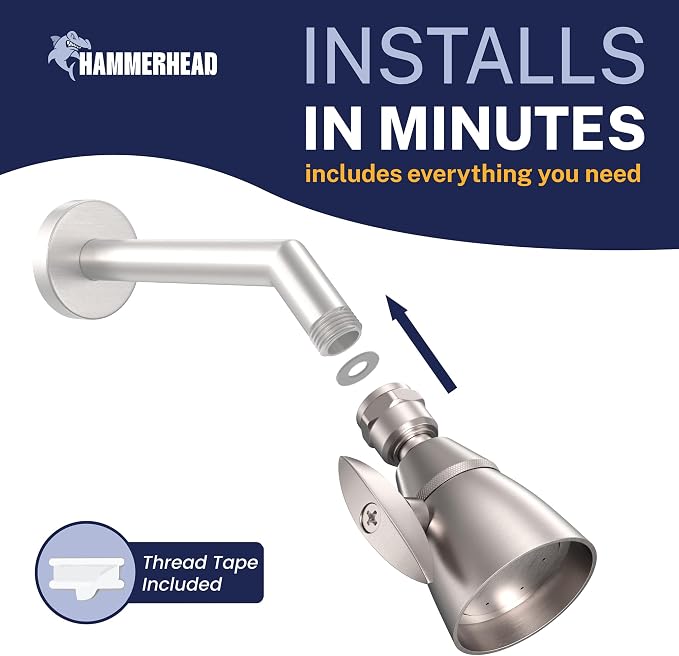 HammerHead Showers® SOLID METAL 2 Inch High Pressure Shower Heads BRUSHED NICKEL – California Compliant 1.75 GPM Low Flow Rate - High Flow Shower Head with ADJUSTABLE SPRAY PATTERN - Fixed Shower Head