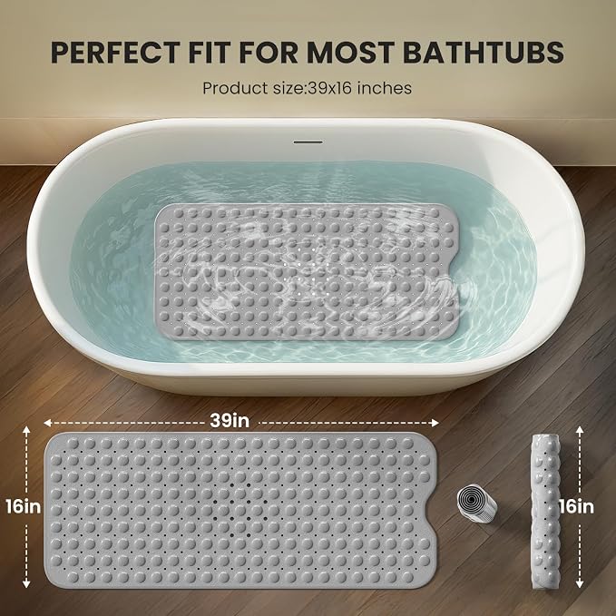 Non-Slip Bath Tub Mat, 39x16 Inch Extra Large Shower Mat with Drain Holes & Suction Cups, Machine Washable, White