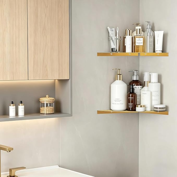 soaez Brushed Gold Corner Shower Shelf, SUS304 Stainless Steel Bathroom Shower Shelves Prevent Rust Drilling Installation (8", 2Pack)