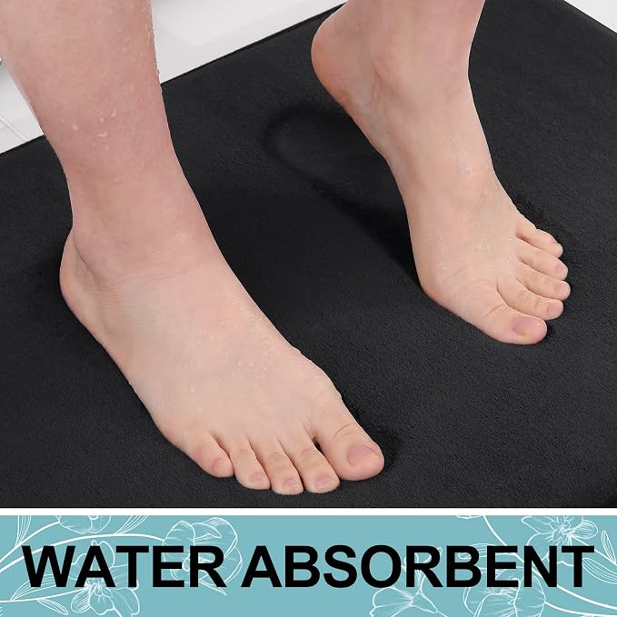 Smiry Memory Foam Bath Mat 40x32, Extra Soft and Absorbent Bathroom Rugs | Black, Quick Dry Machine Washable Non-Slip Bath Mat for Bathroom Floor, Shower and Tub