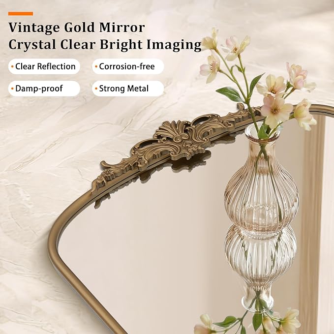 Besdomus Antique Arched Gold Mirror: 55"x36" Extra Large Brass Decorative | French Vintage Baroque Ornate Metal Frame for Home Renovation - Ideal for Double Vanity/Entryway/Fireplace Mantel/Living Room