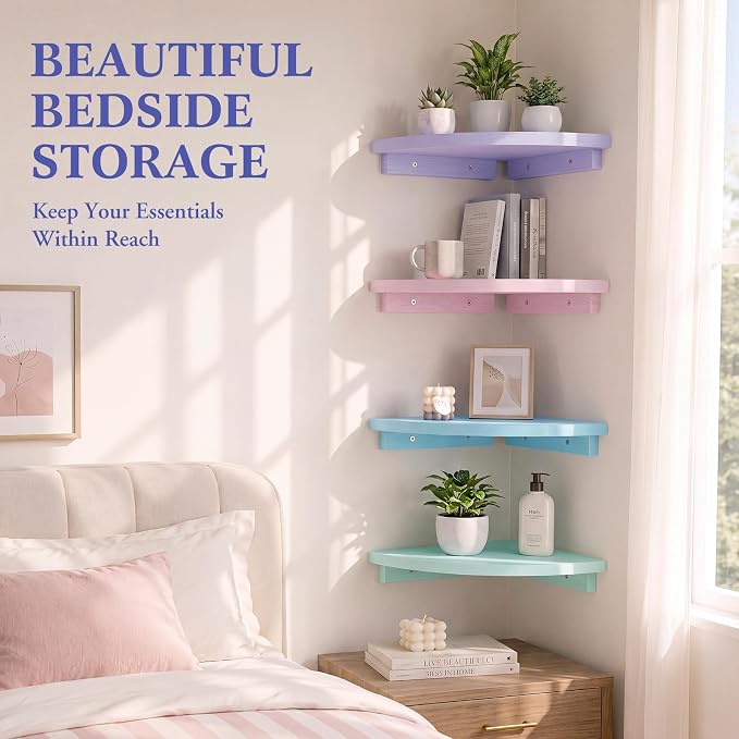 RattanView Corner Floating Shelves Set of 4 Macaron Corner Shelf Wall Mount | 9.8inch Colorful Rounded Shelves for Bathroom Bedroom Kitchen, Cute Wood Corner Shelves for Small Spaces Apartment Decor
